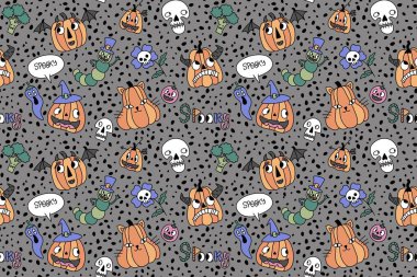 Sonbahar hasadı, kağıt, kumaş, çarşaf ve çocuk giysileri baskısı, şenlikli aksesuarlar ve restoran ambalajları için dikişsiz sanat balkabağı deseni. Yüksek kaliteli illüstrasyon