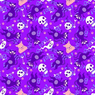 Cadılar Bayramı hayvanları, kağıt, kumaş, çarşaf, çocuk kıyafetleri ve parti aksesuarları için kusursuz kediler ve balkabağı desenleri. Yüksek kaliteli illüstrasyon