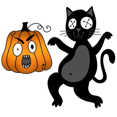 Cadılar Bayramı hayvanları, kağıt, kumaş, çarşaf, çocuk giysisi baskısı ve parti aksesuarları için kedi ve balkabağı deseni oluşturur. Yüksek kaliteli illüstrasyon