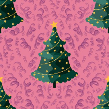 Kağıt, kumaş, çarşaf ve çocuk kıyafetleri ve parti aksesuarları için noel ağacı desensiz çizgi film deseni. Yüksek kaliteli illüstrasyon