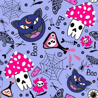 Cadılar Bayramı hayvanları kağıt, kumaş, çarşaf ve çocuk kıyafetleri ve parti aksesuarları için kusursuz kedi desenleri. Yüksek kaliteli illüstrasyon