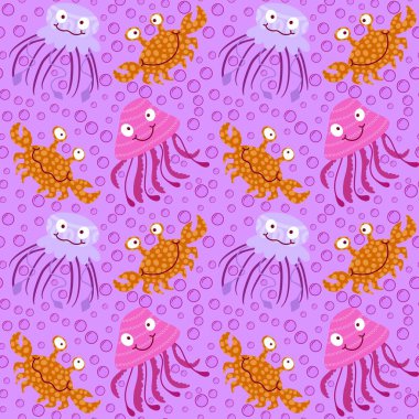 Yaz hayvanları kağıt, kumaş, çarşaf ve parti aksesuarları için dikişsiz yengeç ve denizanası desenleri basar. Yüksek kaliteli illüstrasyon