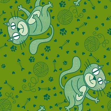 Çizgi film hayvanları kağıt, kumaş, çarşaf, çocuk giysisi baskısı ve parti aksesuarları için kusursuz kedi desenleri. Yüksek kaliteli illüstrasyon