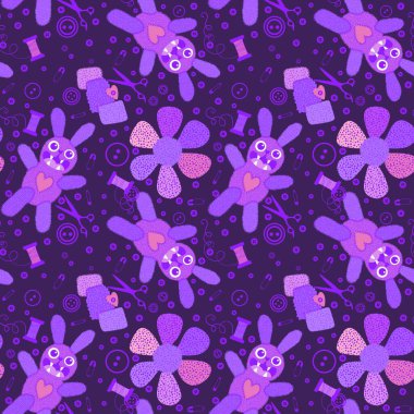 Çizgi film dikiş hobileri dikişsiz tavşan oyuncakları, çiçek düğmeleri, makas desenleri kağıt, kumaş, çarşaf ve çocuk giysileri baskıları. Yüksek kaliteli illüstrasyon