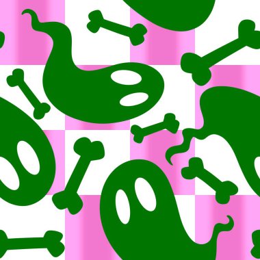 Cadılar Bayramı hayaletleri kağıt, kumaş, çarşaf ve çocuk giysileri baskısı, ambalaj ve şenlikli aksesuarlar için kusursuz çizgi film desenleri. Yüksek kaliteli illüstrasyon