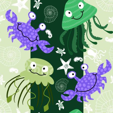 Yaz hayvanları kağıt, kumaş, çarşaf ve parti aksesuarları için dikişsiz yengeç ve denizanası desenleri basar. Yüksek kaliteli illüstrasyon