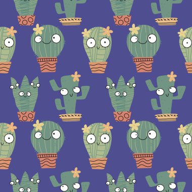 Kağıt, kumaş, çarşaf, tatil aksesuarları ve çocuk giysileri baskısı ve mayo tekstili için yaz çiçeksiz kaktüs deseni. Yüksek kaliteli illüstrasyon