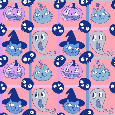 Cadılar Bayramı hayvanları, kağıt, kumaş, çarşaf, çocuk kıyafetleri ve parti aksesuarları için kusursuz kediler ve balkabağı desenleri. Yüksek kaliteli illüstrasyon