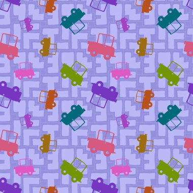 Çizgi filmlerdeki oyuncaklar kağıt, kumaş, çarşaf, çocuk giysisi baskısı, paketleme ve parti aksesuarları için kusursuz araba desenleri. Yüksek kaliteli illüstrasyon