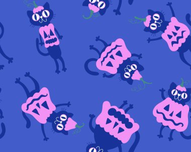 Cadılar Bayramı hayvanları, kağıt, kumaş, çarşaf, çocuk kıyafetleri ve parti aksesuarları için kusursuz kediler ve balkabağı desenleri. Yüksek kaliteli illüstrasyon