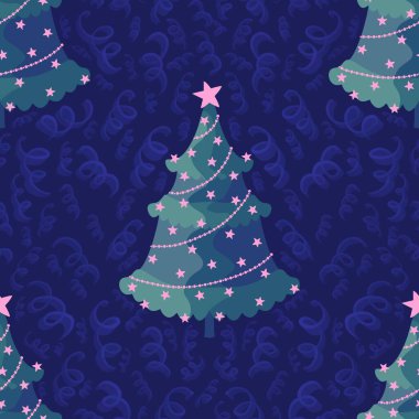 Kağıt, kumaş, çarşaf ve çocuk kıyafetleri ve parti aksesuarları için noel ağacı desensiz çizgi film deseni. Yüksek kaliteli illüstrasyon
