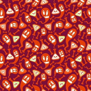 Cadılar Bayramı çizgi filminin kusursuz zehir şişesi ve paketleme kağıdı, kumaş, çarşaf ve çocuk kıyafetleri ve parti aksesuarları için hayalet deseni. Yüksek kaliteli illüstrasyon