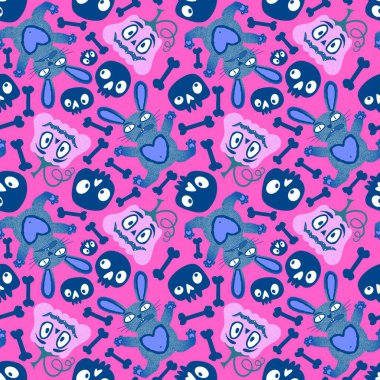 Cadılar Bayramı canavarları dikişsiz tavşanlar, balkabakları ve kafatası desenleri kağıt, kumaş, çarşaf ve çocuk giysileri baskısı ve sonbahar partisi aksesuarları için. Yüksek kaliteli illüstrasyon