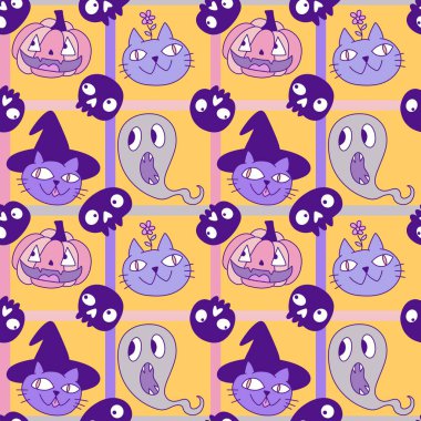 Cadılar Bayramı hayvanları, kağıt, kumaş, çarşaf, çocuk kıyafetleri ve parti aksesuarları için kusursuz kediler ve balkabağı desenleri. Yüksek kaliteli illüstrasyon