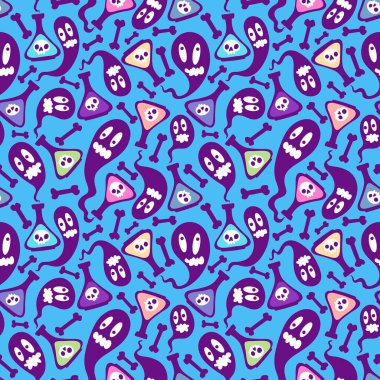 Cadılar Bayramı çizgi filminin kusursuz zehir şişesi ve paketleme kağıdı, kumaş, çarşaf ve çocuk kıyafetleri ve parti aksesuarları için hayalet deseni. Yüksek kaliteli illüstrasyon