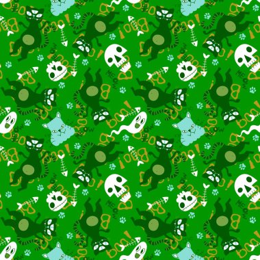 Cadılar Bayramı hayvanları, kağıt, kumaş, çarşaf, çocuk kıyafetleri ve parti aksesuarları için kusursuz kediler ve balkabağı desenleri. Yüksek kaliteli illüstrasyon