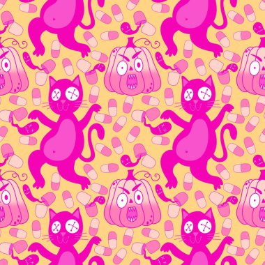 Cadılar Bayramı hayvanları, kağıt, kumaş, çarşaf, çocuk kıyafetleri ve parti aksesuarları için kusursuz kediler ve balkabağı desenleri. Yüksek kaliteli illüstrasyon