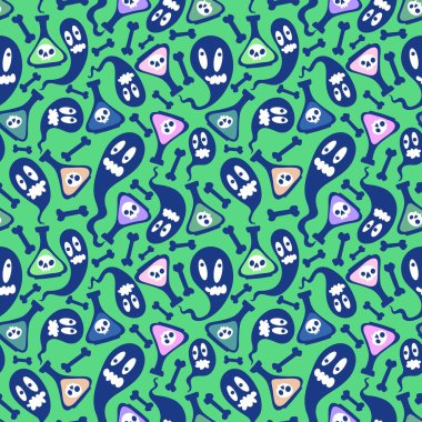 Cadılar Bayramı çizgi filminin kusursuz zehir şişesi ve paketleme kağıdı, kumaş, çarşaf ve çocuk kıyafetleri ve parti aksesuarları için hayalet deseni. Yüksek kaliteli illüstrasyon