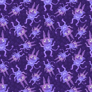 Çizgi film canavarları kağıt, kumaş, çarşaf ve çocuk giysileri baskısı ve Cadılar Bayramı ambalajları için kusursuz desenler. Yüksek kaliteli illüstrasyon