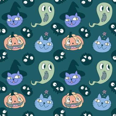 Cadılar Bayramı hayvanları, kağıt, kumaş, çarşaf, çocuk kıyafetleri ve parti aksesuarları için kusursuz kediler ve balkabağı desenleri. Yüksek kaliteli illüstrasyon