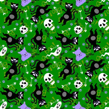 Cadılar Bayramı hayvanları, kağıt, kumaş, çarşaf, çocuk kıyafetleri ve parti aksesuarları için kusursuz kediler ve balkabağı desenleri. Yüksek kaliteli illüstrasyon