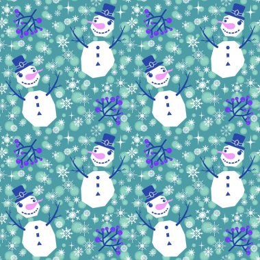 Kumaşlar, tekstil ve ambalajlar, hediyeler, kartlar, çarşaflar ve çocuklar için kusursuz kardan adam deseni.