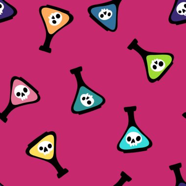 Cadılar Bayramı çizgi filminin kusursuz zehir şişesi ve paketleme kağıdı, kumaş, çarşaf ve çocuk kıyafetleri ve parti aksesuarları için hayalet deseni. Yüksek kaliteli illüstrasyon