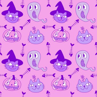 Cadılar Bayramı hayvanları, kağıt, kumaş, çarşaf, çocuk kıyafetleri ve parti aksesuarları için kusursuz kediler ve balkabağı desenleri. Yüksek kaliteli illüstrasyon