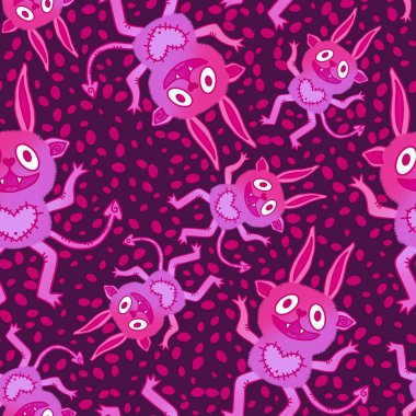 Çizgi film canavarları kağıt, kumaş, çarşaf ve çocuk giysileri baskısı ve Cadılar Bayramı ambalajları için kusursuz desenler. Yüksek kaliteli illüstrasyon