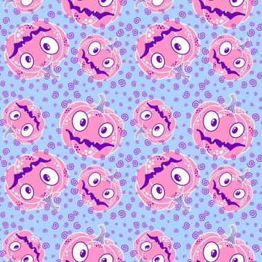 Cadılar Bayramı balkabakları kağıt, kumaş, çarşaf, çocuk giysisi baskısı, şenlik ambalajı ve sonbahar partisi aksesuarları için kusursuz canavar desenleri. Yüksek kaliteli illüstrasyon