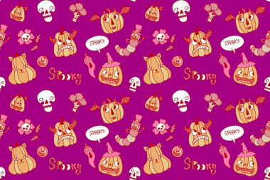 Sonbahar hasadı, kağıt, kumaş, çarşaf ve çocuk giysileri baskısı, şenlikli aksesuarlar ve restoran ambalajları için dikişsiz sanat balkabağı deseni. Yüksek kaliteli illüstrasyon