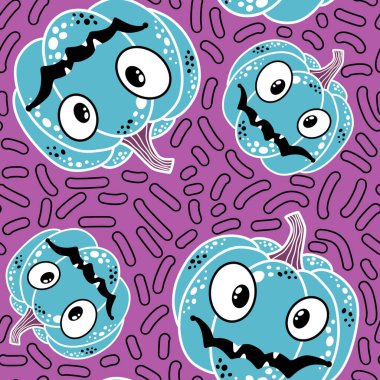 Cadılar Bayramı balkabakları kağıt, kumaş, çarşaf, çocuk giysisi baskısı, şenlik ambalajı ve sonbahar partisi aksesuarları için kusursuz canavar desenleri. Yüksek kaliteli illüstrasyon