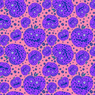 Cadılar Bayramı canavarları kağıt, kumaş, çarşaf, parti aksesuarları ve sonbahar baskısı için elmasız meyve desenleri. Yüksek kaliteli illüstrasyon