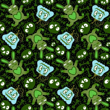 Cadılar Bayramı canavarları dikişsiz tavşanlar, balkabakları ve kafatası desenleri kağıt, kumaş, çarşaf ve çocuk giysileri baskısı ve sonbahar partisi aksesuarları için. Yüksek kaliteli illüstrasyon