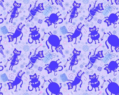 Noel karikatüründeki hayvanlar, kağıt, kumaş, çarşaf ve çocuk giysileri baskısı, parti aksesuarları ve yeni yıl ambalajları için kusursuz kediler ve oyuncak desenleri. Yüksek kaliteli illüstrasyon