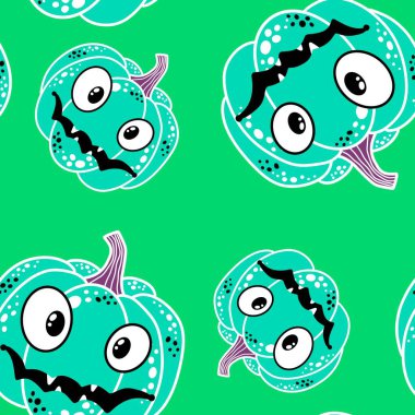 Cadılar Bayramı balkabakları kağıt, kumaş, çarşaf, çocuk giysisi baskısı, şenlik ambalajı ve sonbahar partisi aksesuarları için kusursuz canavar desenleri. Yüksek kaliteli illüstrasyon