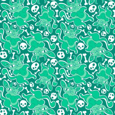 Çizgi film canavarları kağıt, kumaş, çarşaf ve çocuk giysileri baskısı ve Cadılar Bayramı ambalajları için kusursuz desenler. Yüksek kaliteli illüstrasyon