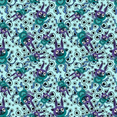 Çizgi film canavarları kağıt, kumaş, çarşaf ve çocuk giysileri baskısı ve Cadılar Bayramı ambalajları için kusursuz desenler. Yüksek kaliteli illüstrasyon