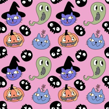 Cadılar Bayramı hayvanları, kağıt, kumaş, çarşaf, çocuk kıyafetleri ve parti aksesuarları için kusursuz kediler ve balkabağı desenleri. Yüksek kaliteli illüstrasyon