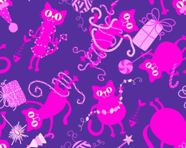 Noel karikatüründeki hayvanlar, kağıt, kumaş, çarşaf ve çocuk giysileri baskısı, parti aksesuarları ve yeni yıl ambalajları için kusursuz kediler ve oyuncak desenleri. Yüksek kaliteli illüstrasyon