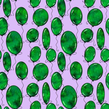 Karikatürlerde, kağıdın, kumaşın, çarşafın, çocuk kıyafetlerinin ve parti aksesuarlarının süslendiği kusursuz doğum günü balonları deseni. Yüksek kaliteli illüstrasyon