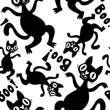 Cadılar Bayramı hayvanları, kağıt, kumaş, çarşaf, çocuk kıyafetleri ve parti aksesuarları için kusursuz kediler ve balkabağı desenleri. Yüksek kaliteli illüstrasyon