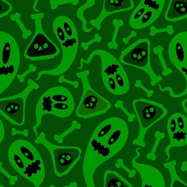 Cadılar Bayramı çizgi filminin kusursuz zehir şişesi ve paketleme kağıdı, kumaş, çarşaf ve çocuk kıyafetleri ve parti aksesuarları için hayalet deseni. Yüksek kaliteli illüstrasyon