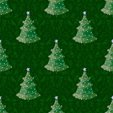 Kağıt, kumaş, çarşaf ve çocuk kıyafetleri ve parti aksesuarları için noel ağacı desensiz çizgi film deseni. Yüksek kaliteli illüstrasyon