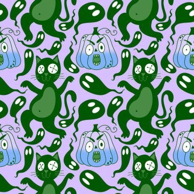 Cadılar Bayramı hayvanları, kağıt, kumaş, çarşaf, çocuk kıyafetleri ve parti aksesuarları için kusursuz kediler ve balkabağı desenleri. Yüksek kaliteli illüstrasyon