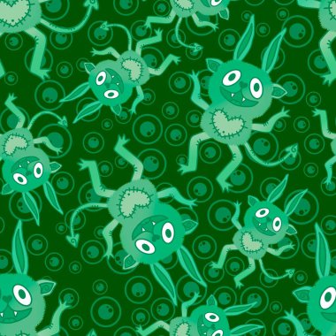 Çizgi film canavarları kağıt, kumaş, çarşaf ve çocuk giysileri baskısı ve Cadılar Bayramı ambalajları için kusursuz desenler. Yüksek kaliteli illüstrasyon