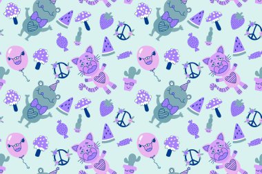 Çizgi filmdeki doğum günü hayvanları, dikişsiz kurbağalar, kediler, çilek, karpuz ve mantar desenli ambalaj kağıtları, kumaşlar, çarşaflar, çocuk giysileri ve parti aksesuarları.