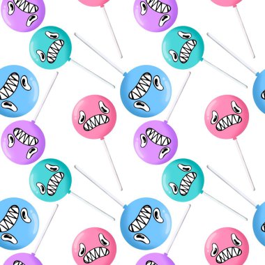 Çizgi filmlerdeki şeker canavarları, kağıt, kumaş, çarşaf ve çocuk kıyafetleri ve parti aksesuarları için kusursuz Cadılar Bayramı lolipop desenleri. Yüksek kaliteli illüstrasyon