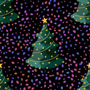 Kağıt, kumaş, çarşaf ve çocuk kıyafetleri ve parti aksesuarları için noel ağacı desensiz çizgi film deseni. Yüksek kaliteli illüstrasyon