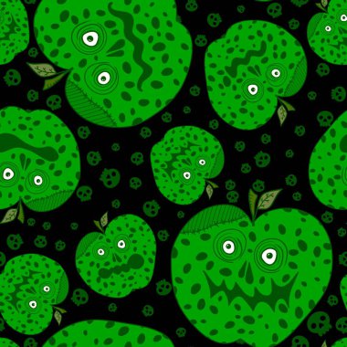 Cadılar Bayramı canavarları kağıt, kumaş, çarşaf, parti aksesuarları ve sonbahar baskısı için elmasız meyve desenleri. Yüksek kaliteli illüstrasyon